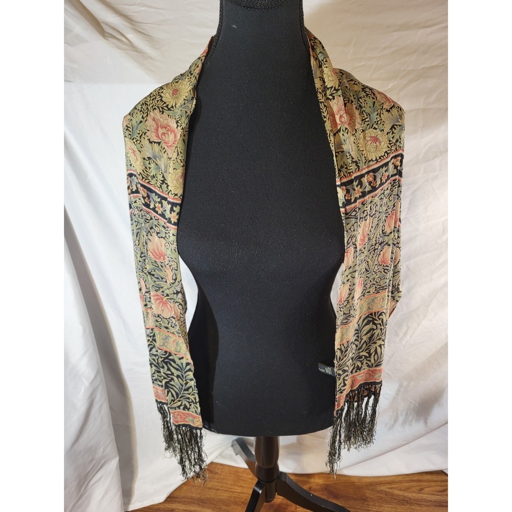 Saldarini 100% Silk Scarf William Morris Floral Print Made in Italy Fringe